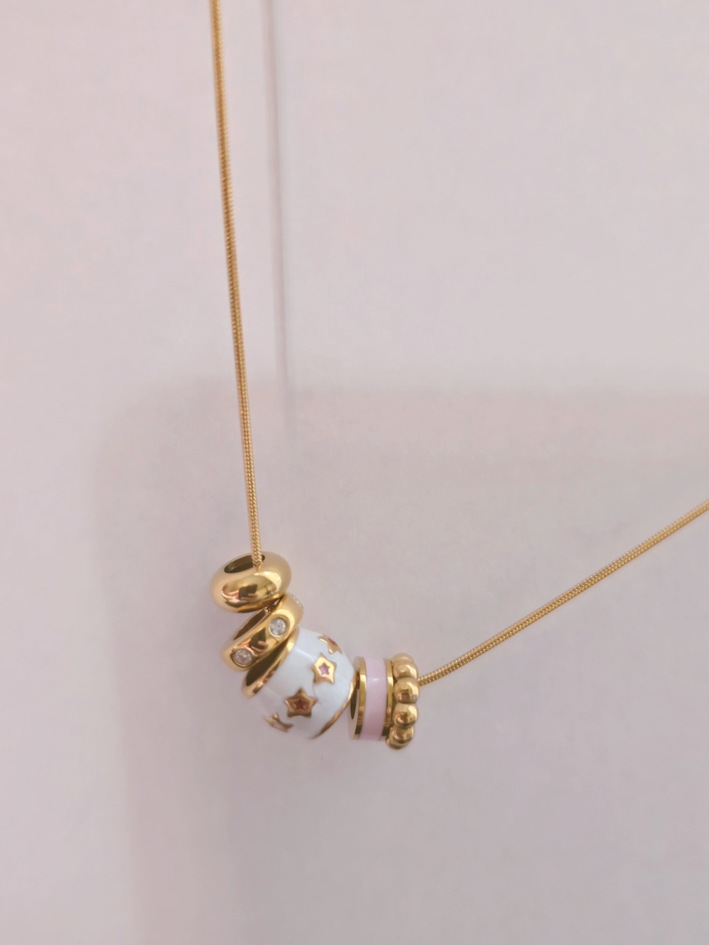 18K Gold -plated Necklace W/ Pink & White Charms - NEW Women‎ Jewelry